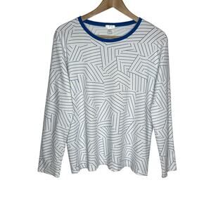 Lake Long Sleeve Pajama Top Womens Large White Blue Geometric Print Pima Cotton